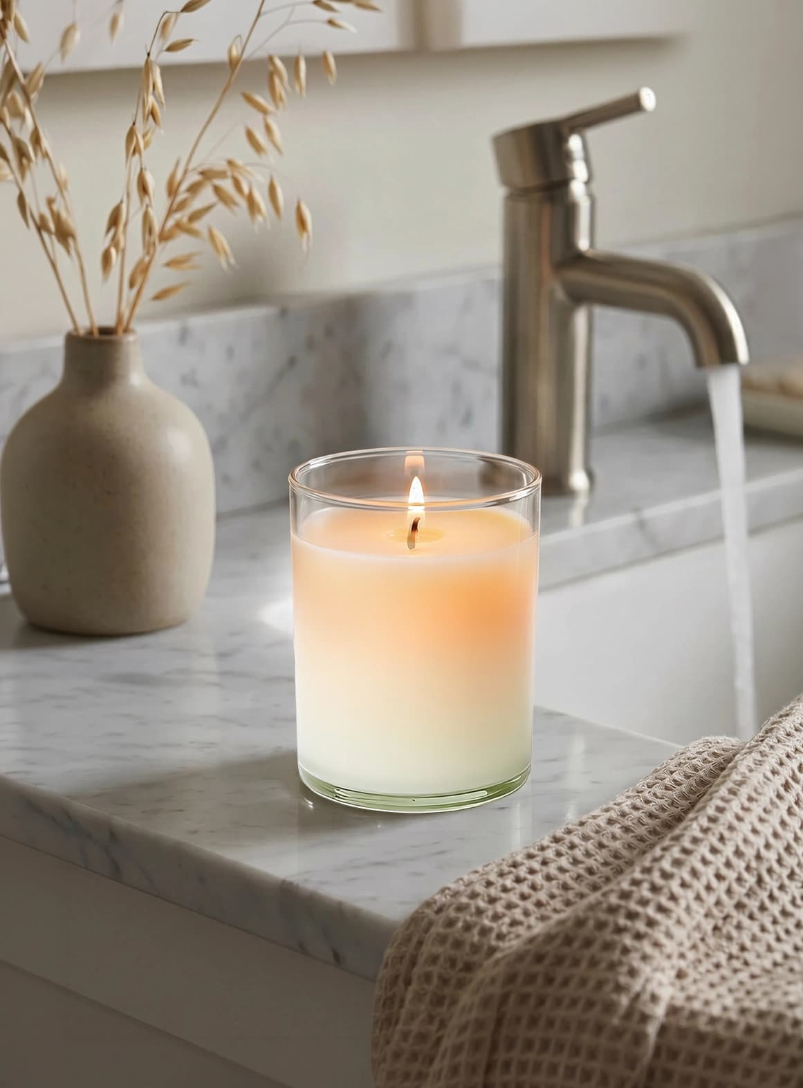 Recontextualisation par IA : bougie réelle intégrée dans un nouveau décor