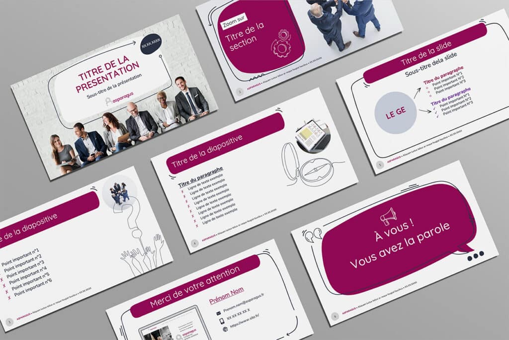 Layouts d'un masque PowerPoint sur charte graphique créé par une graphiste freelance