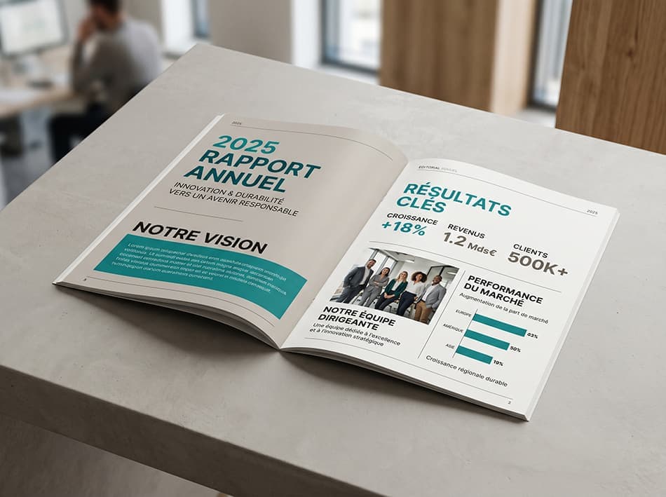 Mockup de rapport annuel sur charte, avec infographies et chiffres clés mis en valeur, par une graphiste B2B